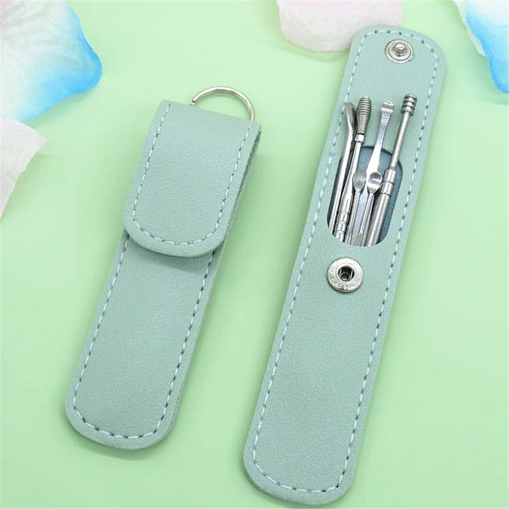 Set 6 Dụng Cụ Lấy Ráy Tai Bằng Thép Không Gỉ Và Da Chuyên Nghiệp