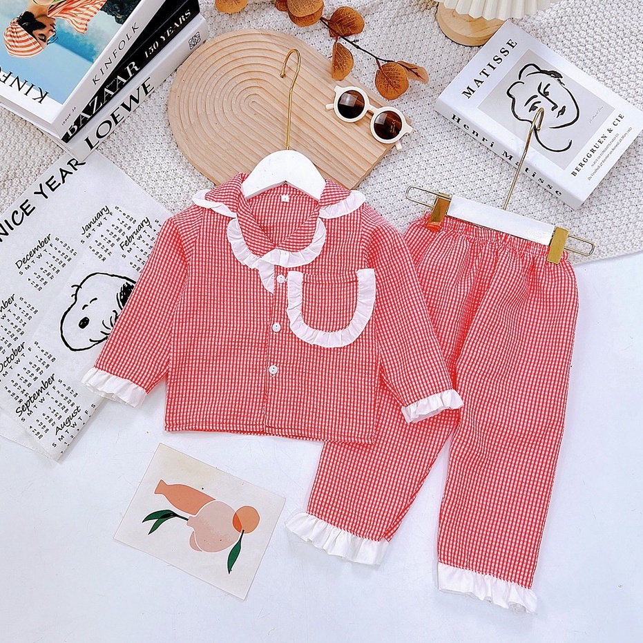 Bộ pijama bé gái dài tay phối ren cho bé từ 8-20kg
