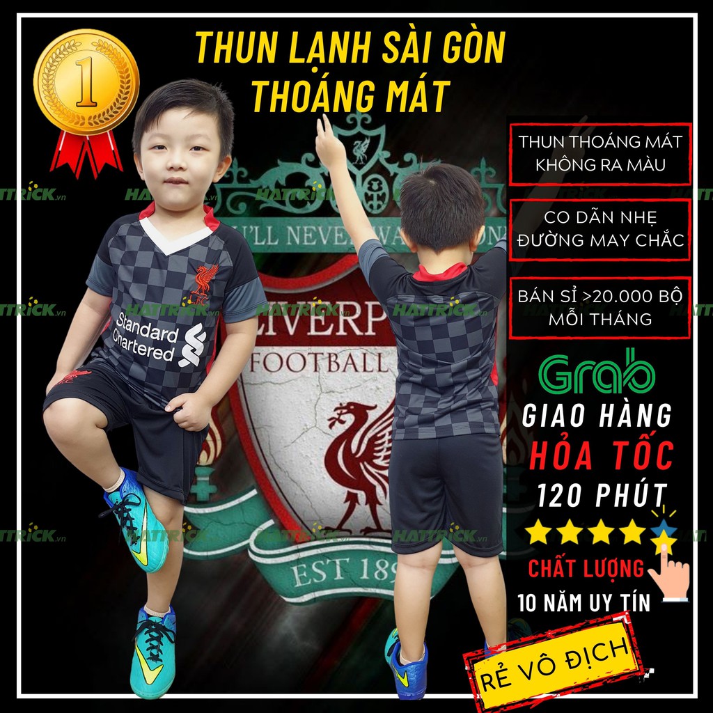 Bộ đá banh trẻ em liverpool đen 2021(11kg -41kg) thun Sài Gòn thoáng mát, may chất Lượng, xưởng bán sỉ toàn quốc