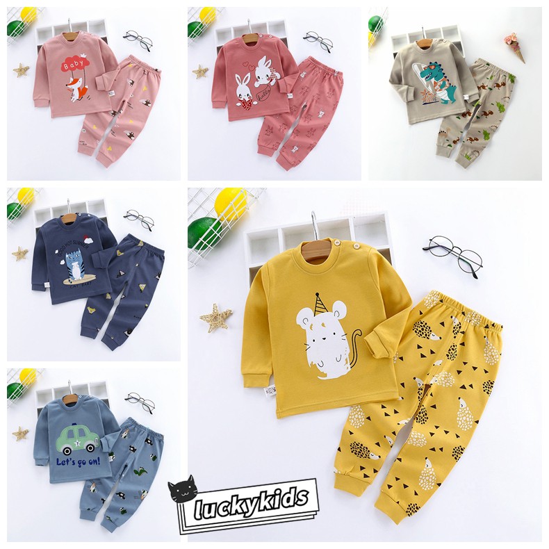 Bộ Đồ Ngủ Cotton Tay Dài In Họa Tiết Hoạt Hình Dễ Thương Thời Trang Mùa Hè Cho Bé