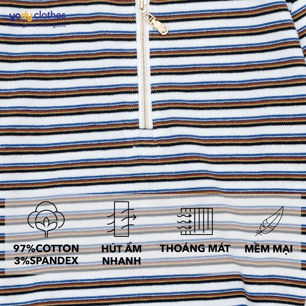 Áo polo thun nữ YODY nữ kẻ ngang cotton có khóa cổ mềm mịn APN3766