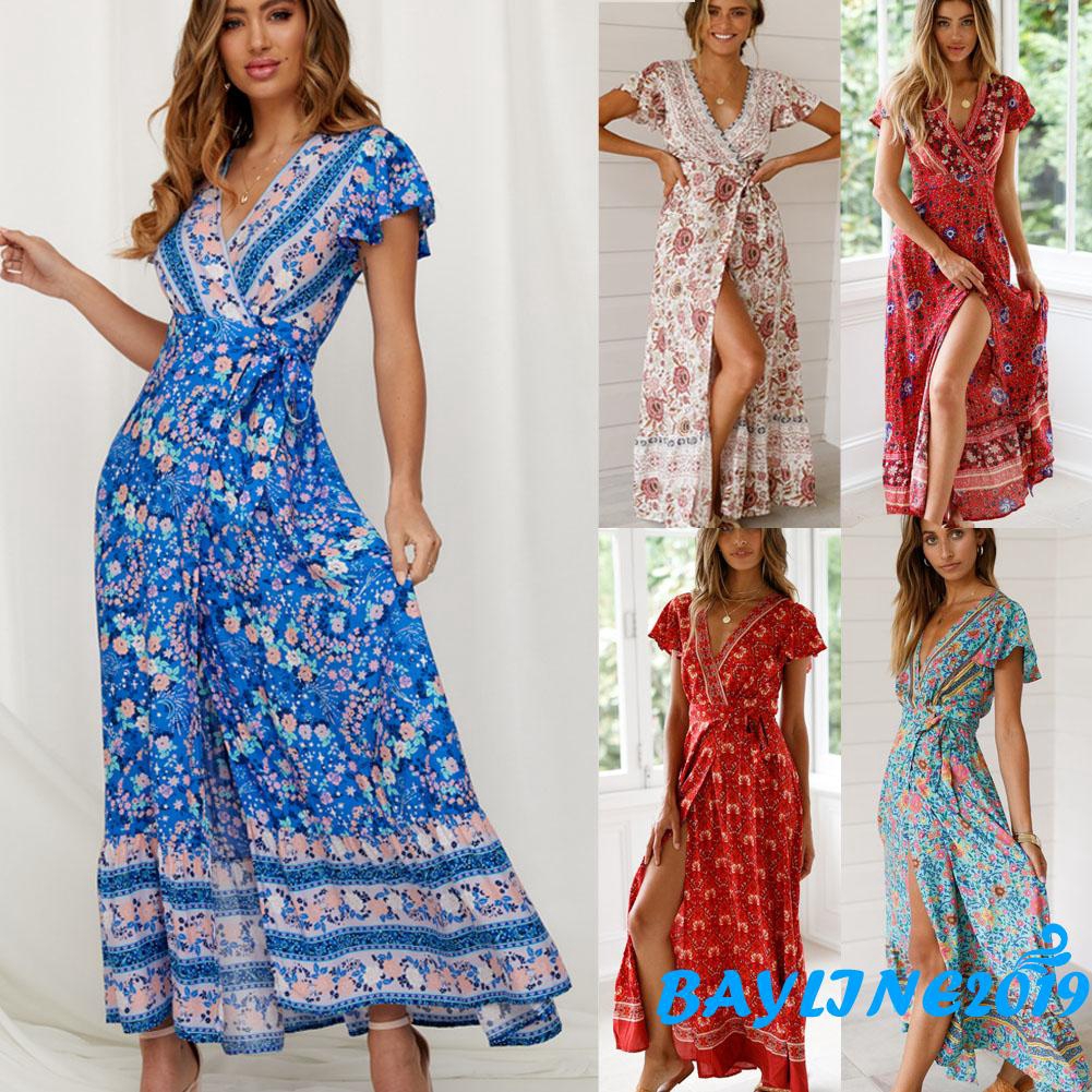 ❀ℳay-UK Womens V-Neck Floral Split Dress Boho Summer Beach Casual Long Sundress HUA