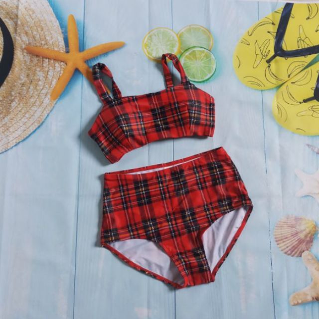 Bộ bơi caro đỏ đen (Hàng Quảng Châu có sẵn)