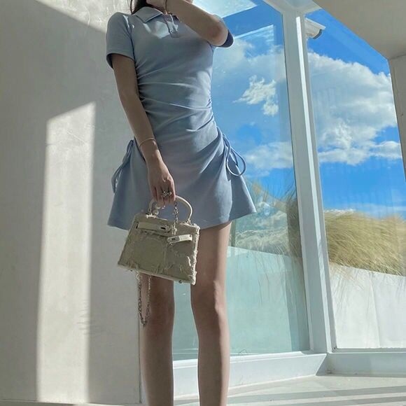 Đầm midi SUXI tay ngắn màu sắc đơn giản thanh lịch