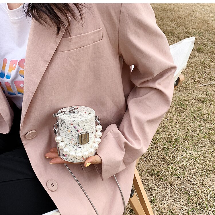 Túi đeo vai JASMIN NOIR mini hình khối quai cầm ngọc trai giả thời trang hè 2021 cho nữ đính sequin