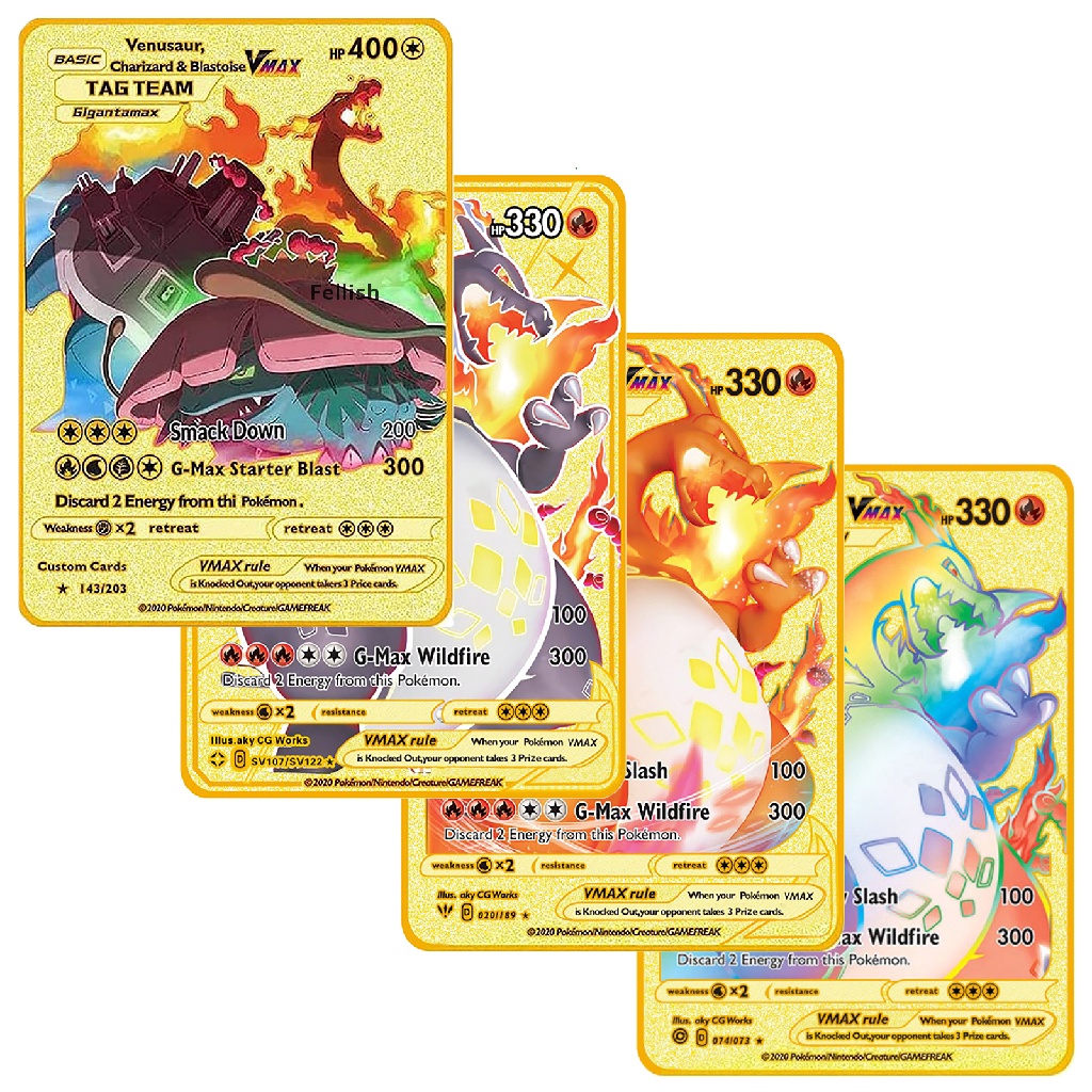 Set 4 thẻ bài Pokemon mạ vàng siêu mỏng Vmax