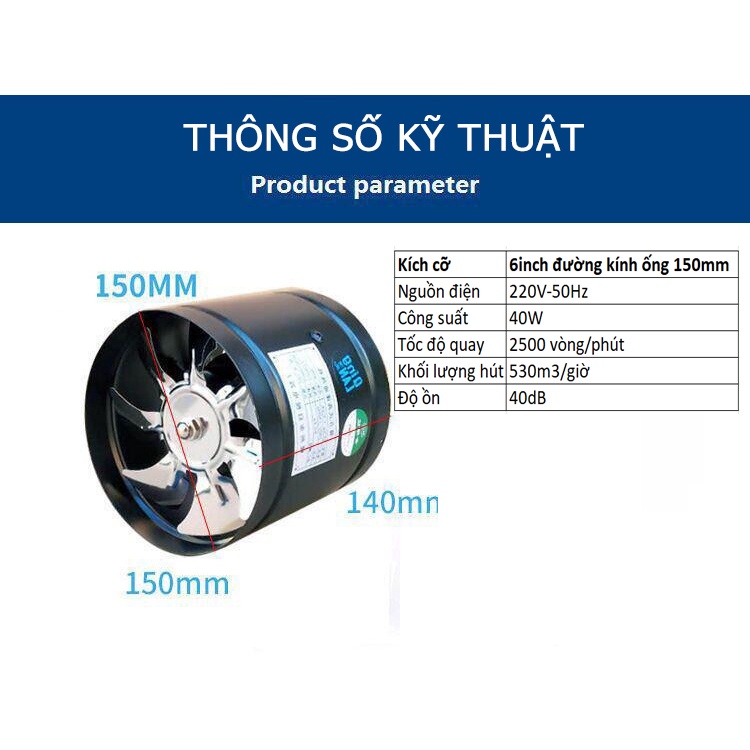 Quạt thông gió đường ống 100mm, 150mm, Quạt hút tăng áp đường ống, chất liệu thép
