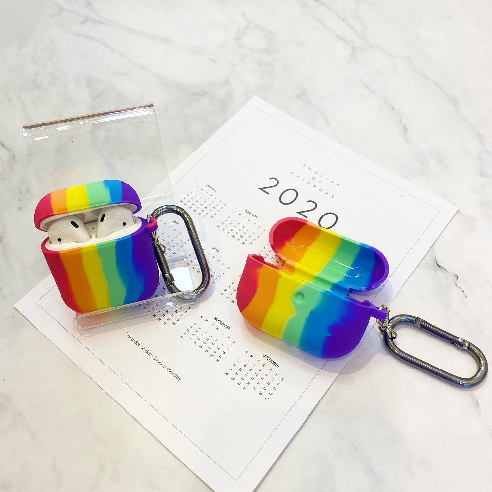 Ốp lưng for Airpods Rainbow Silicone AirPods Pro Soft Case Airpods 1/2 Portable Protective Cover With Hook UP