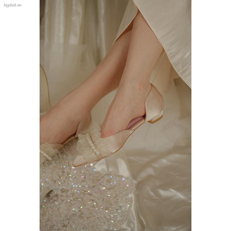 Giày búp bê đế bệt mũi nhọn vải lưới đính ngọc trai giả thời trang mùa xuân cho nữ