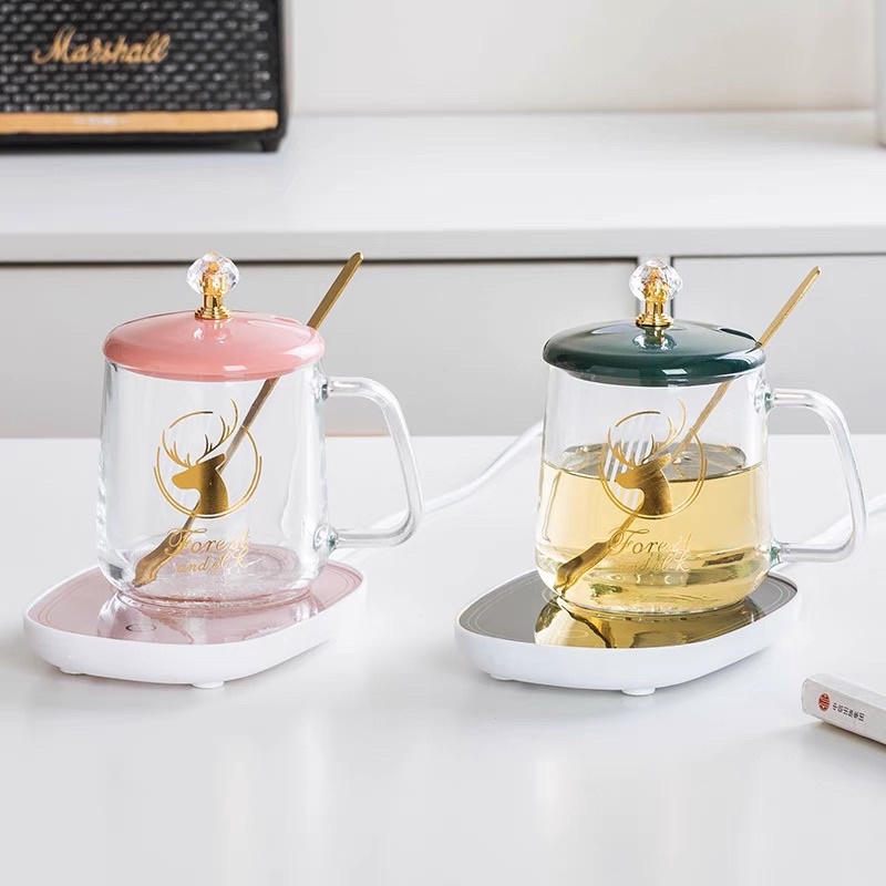 Cốc Hâm Nóng Bằng Thủy Tinh Kèm Đế Điện Hâm Nóng Cafe, Sữa, Trà Tặng Kèm Thìa Mạ Vàng Cam Homeware