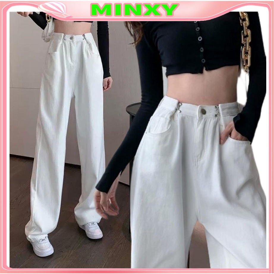 Quần jeans nữ ống suông rộng phối khuy,quần bò suông cap cao phong cách Ulzzang Hàn Quốc-MINXY SHOP