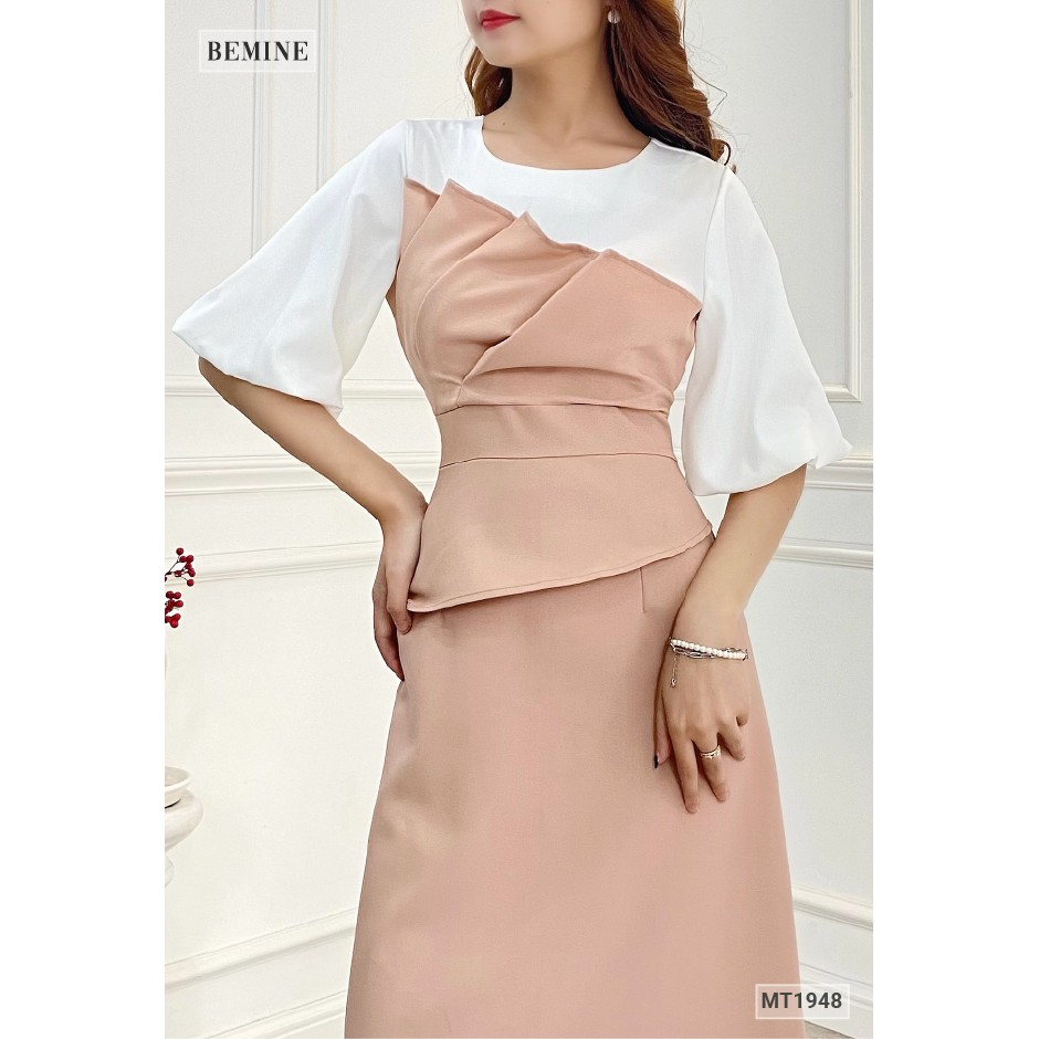 Đầm công sở xếp tầng phối trắng BEMINE MT1948NUDE | BigBuy360 - bigbuy360.vn