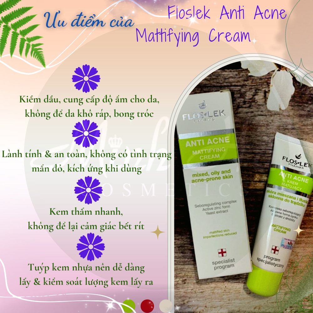 Kem dưỡng Floslek Anti Acne Mattifying Cream 50ml dưỡng ẩm, kiểm soát bã nhờn và hỗ trợ giảm mụn