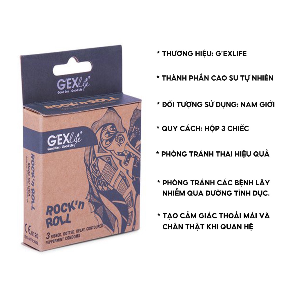 Bao cao su GEXlife RocknRoll bạc hà, bcs siêu mỏng gân gai hạt nổi kéo dài thời gian quan hệ