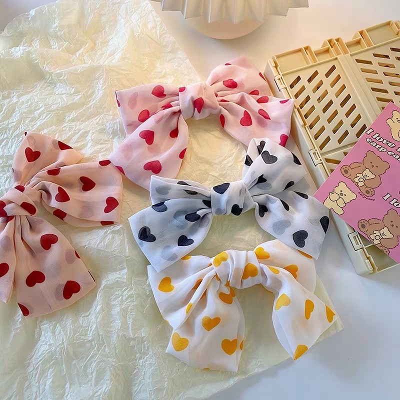 Kẹp tóc nơ ribbon Tiểu thư siêu xinh hoạ tiết tim