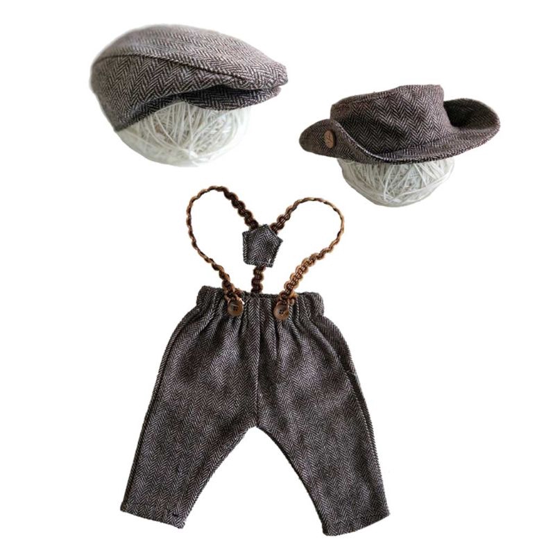 Mary Long Pants and 2 Style Hats Set Accessories for Newborn Photography Props Plaid Costume