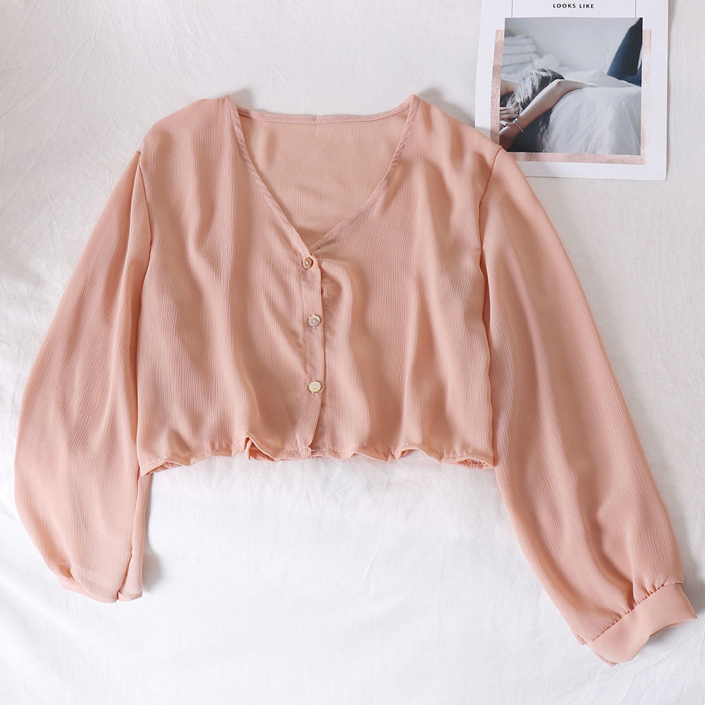 Áo khoác Cardigan ngắn vải Chiffon mỏng chống nắng thiết kế dễ thương cho nữ