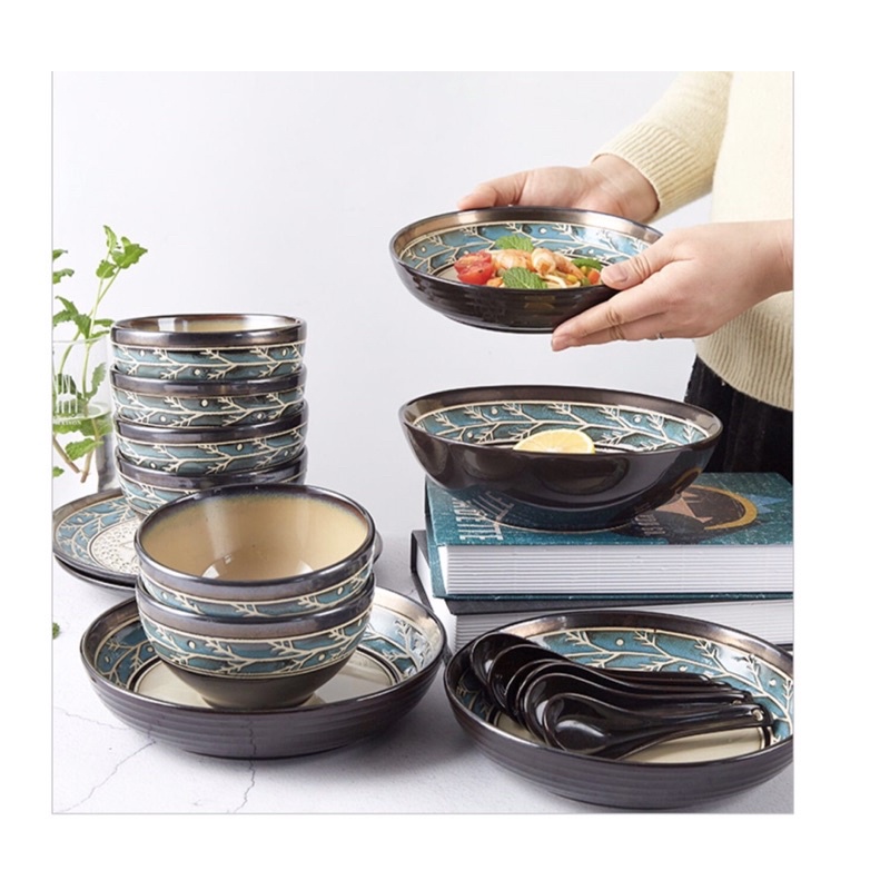 Bộ bát đĩa viền thổ cẩm 18 món phong cách Indochine- bộ bát đĩa chất lượng