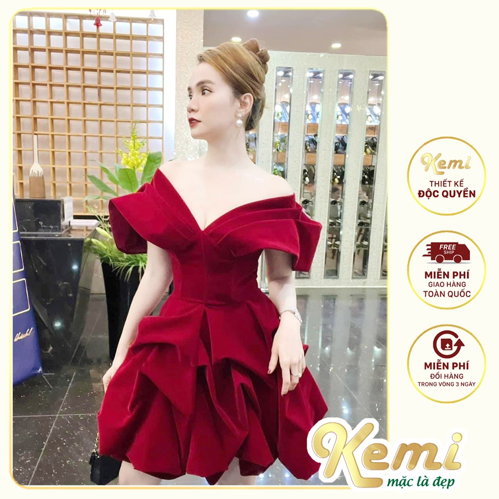 Váy nhung đỏ trễ vai đầm bồng cúp ngực ôm dáng tiểu thư Kemi