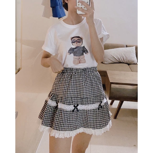 Chân váy ngắn kẻ caro lưng cao phối ren Lolita  Ảnh video quay thật ở cuối sản phẩm