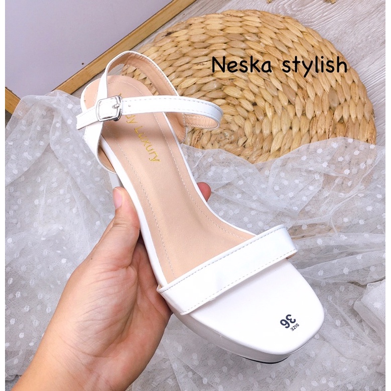 Giày sandal nữ cao gót quai ngang đế đúp gót trụ cao 10 cm mang êm mã Nes.11