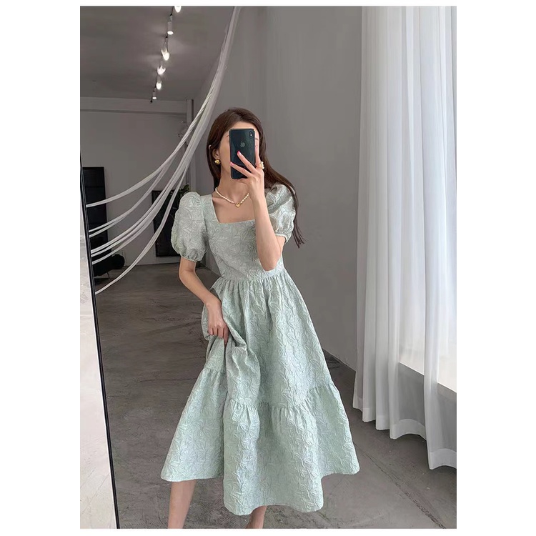 Đầm maxi Tay Ngắn Phồng Cổ Vuông Thời Trang Hàn Quốc Mới