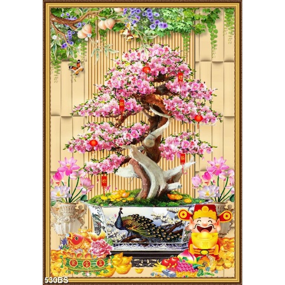 TRANH DÁN TƯỜNG 3D CHẬU BONSAI CÂY ĐÀO 530BS - TRANH CHẬU HOA CHƯNG TẾT