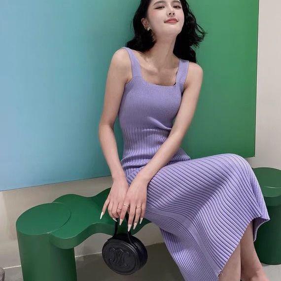 Đầm Dệt Kim Hai Dây Ôm Dáng Họa Tiết Kẻ Sọc Màu Tím Thời Trang Mùa Hè Cho Nữ