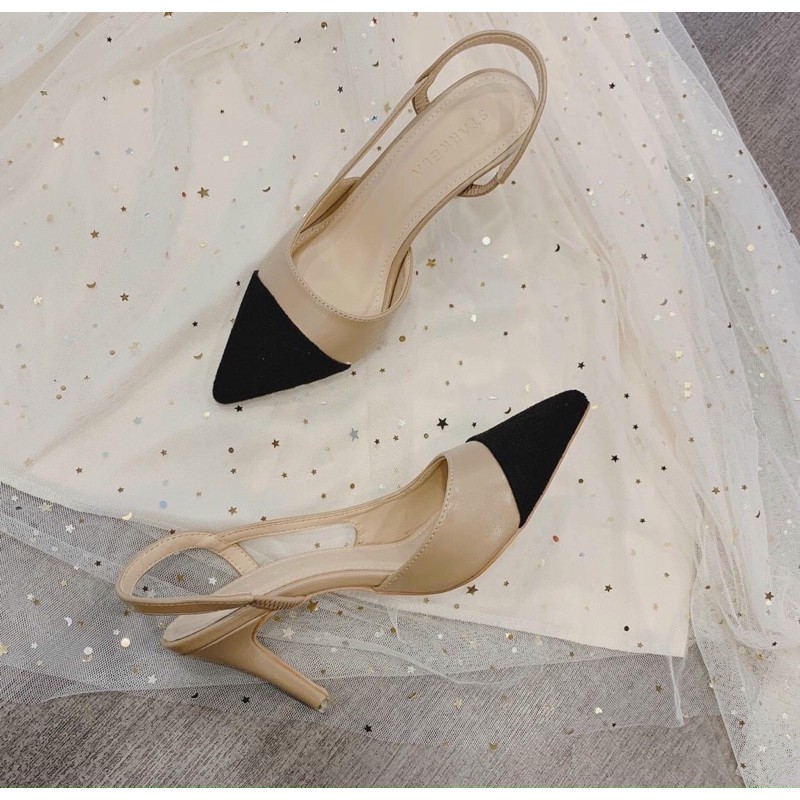 Slingback nude cao gót phối đen ở mũi giày