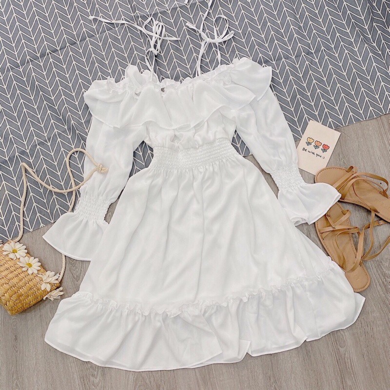 Đầm dây xòe trễ vai trắng | BigBuy360 - bigbuy360.vn