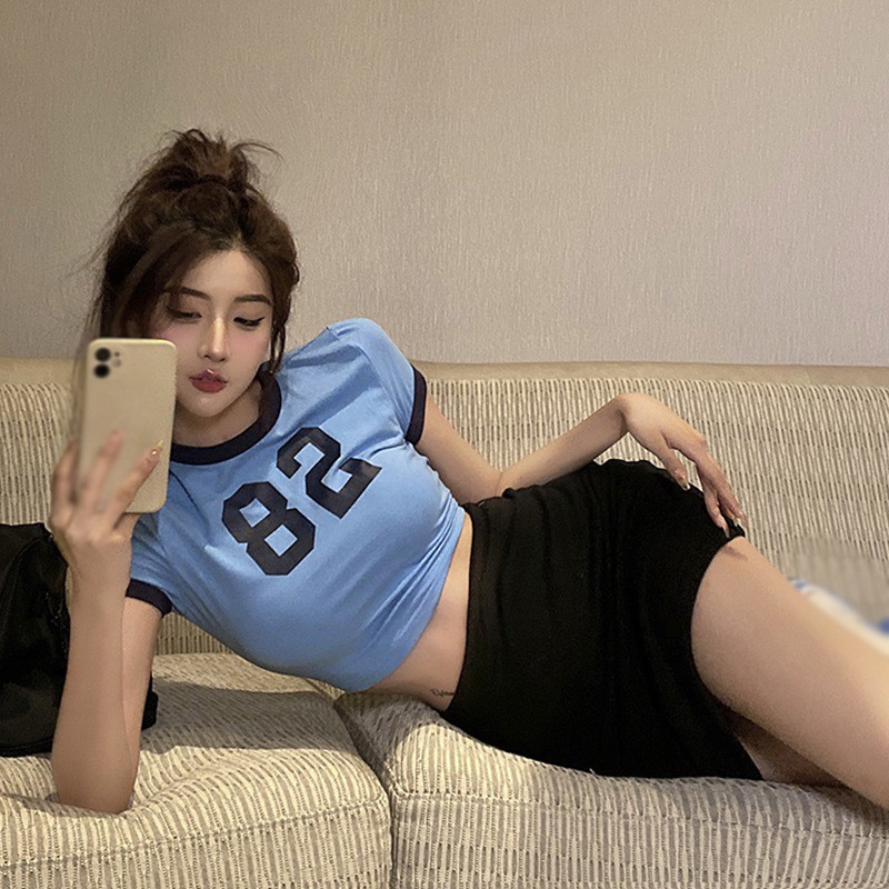 Áo hở rốn/chân váy ngắn dáng ôm in họa tiết phong cách Hàn Quốc đơn giản thời trang cho nữ (có bán lẻ)