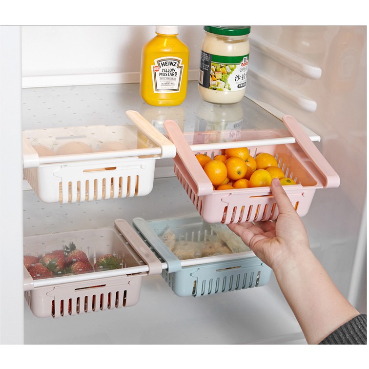 Khay rổ nhựa đựng thức ăn gắn dưới ngăn tủ lạnh co giãn