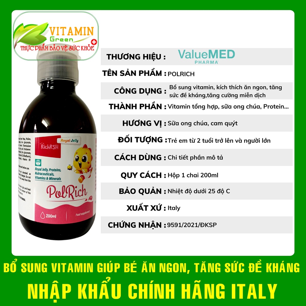 Vitamin tổng hợp giúp bé ăn ngon tăng sức đề kháng cho bé POLRICH 200ml | Nhập khẩu chính hãng Italy