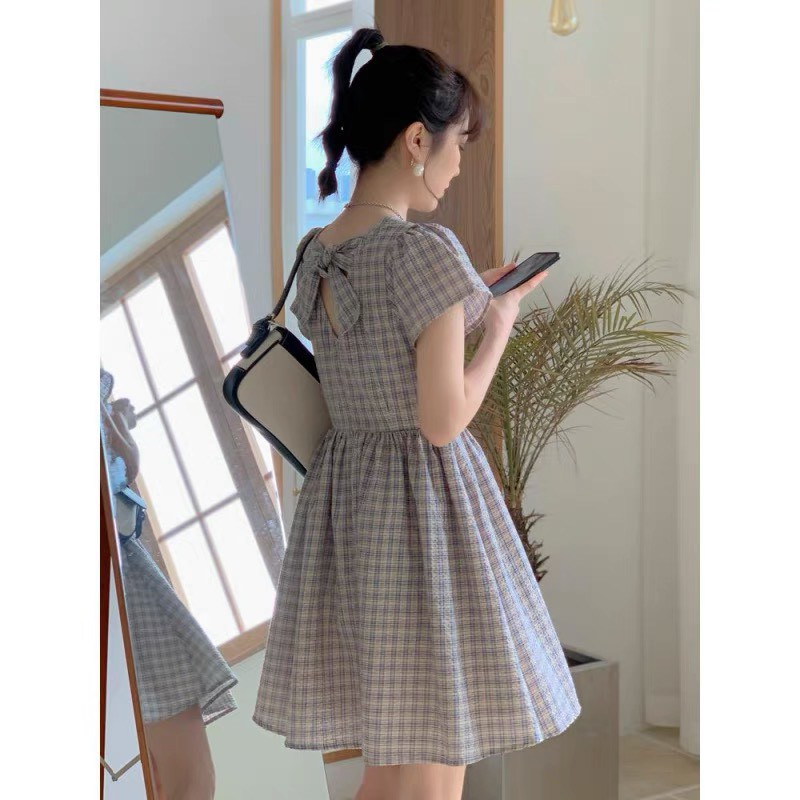 Đầm xòe caro , nơ sau kiểu tiểu thư xinh yêu dễ thương, dự tiệc cưới đi chơi , dạo phố Thời Trang VADA - Đ125 | BigBuy360 - bigbuy360.vn