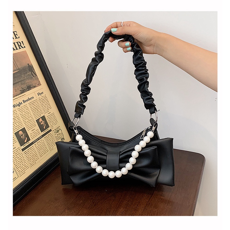 Túi xách da PU JASMIN NOIR cỡ nhỏ phối dây đeo xỏ hạt ngọc trai giả nữ tính
