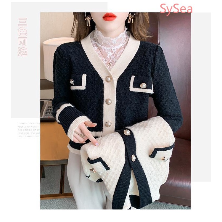 Áo Khoác Cardigan Dệt Kim Đính Ngọc Trai Thời Trang Thu Đông Cho Nữ