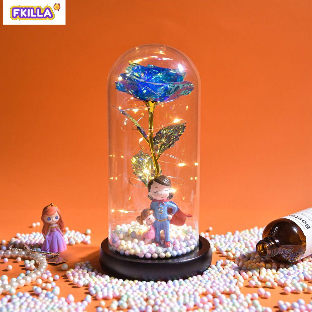 Hoa hồng vĩnh cửu bảo quản trong bình thủy tinh có đèn LED kiểu ngân hà phối vàng 24K làm quà Valentine/Noel cho nữ