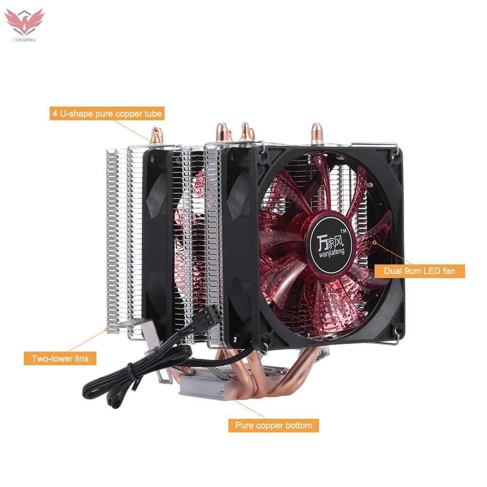 Fire CPU Cooler Fan Heatsink 4 Heatpipe 2 Fans Quiet Heatsink Radiator Support 775/115x/AMD