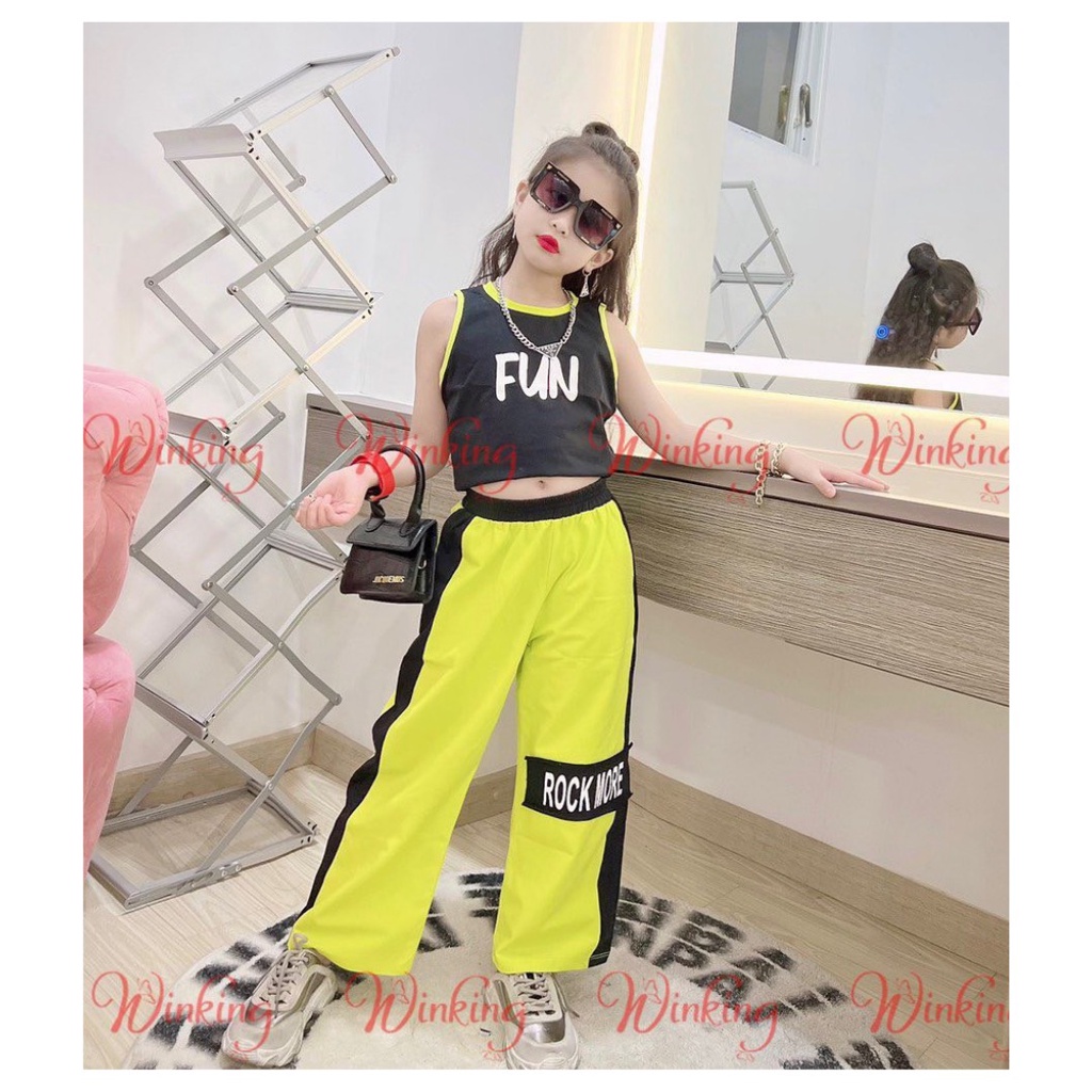 Set đồ bé gái áo croptop sát nách phối quần ống rộng cá tính thun cotton mềm mịn co dãn thoải mái cho bé 9kg đến 40kg