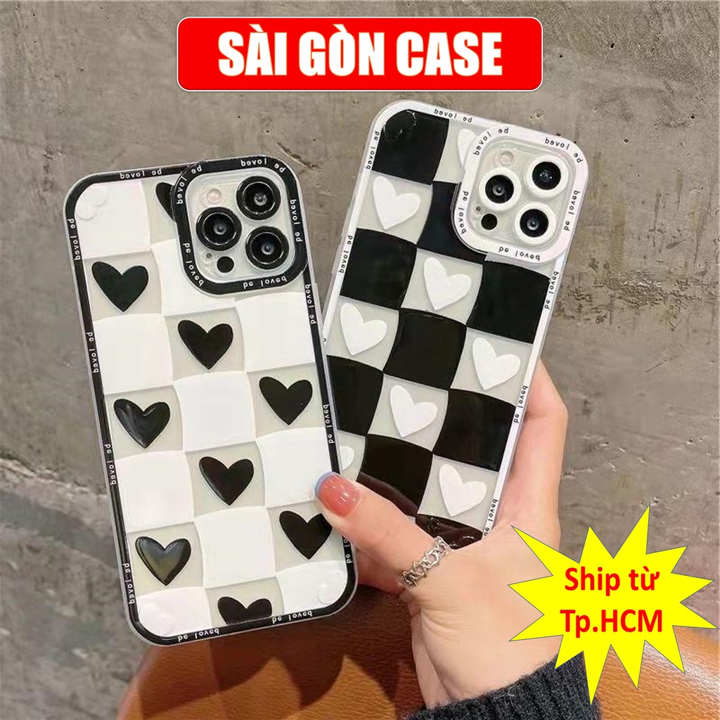 Ốp lưng điện thoại Iphone caro TRÁI TIM Viền Vuông ĐEN ip7,8,plus/X,XS/XSMAX/11/11/12/13,pro,max