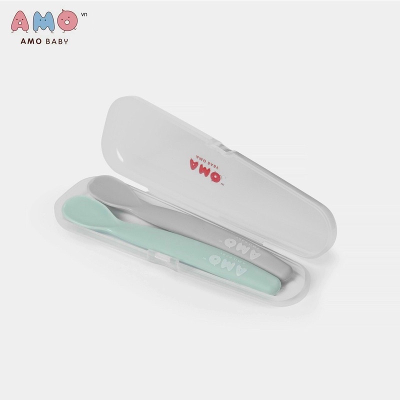 Set thìa ăn dặm silicon kèm hộp đựng cho bé ăn dặm Amo Baby