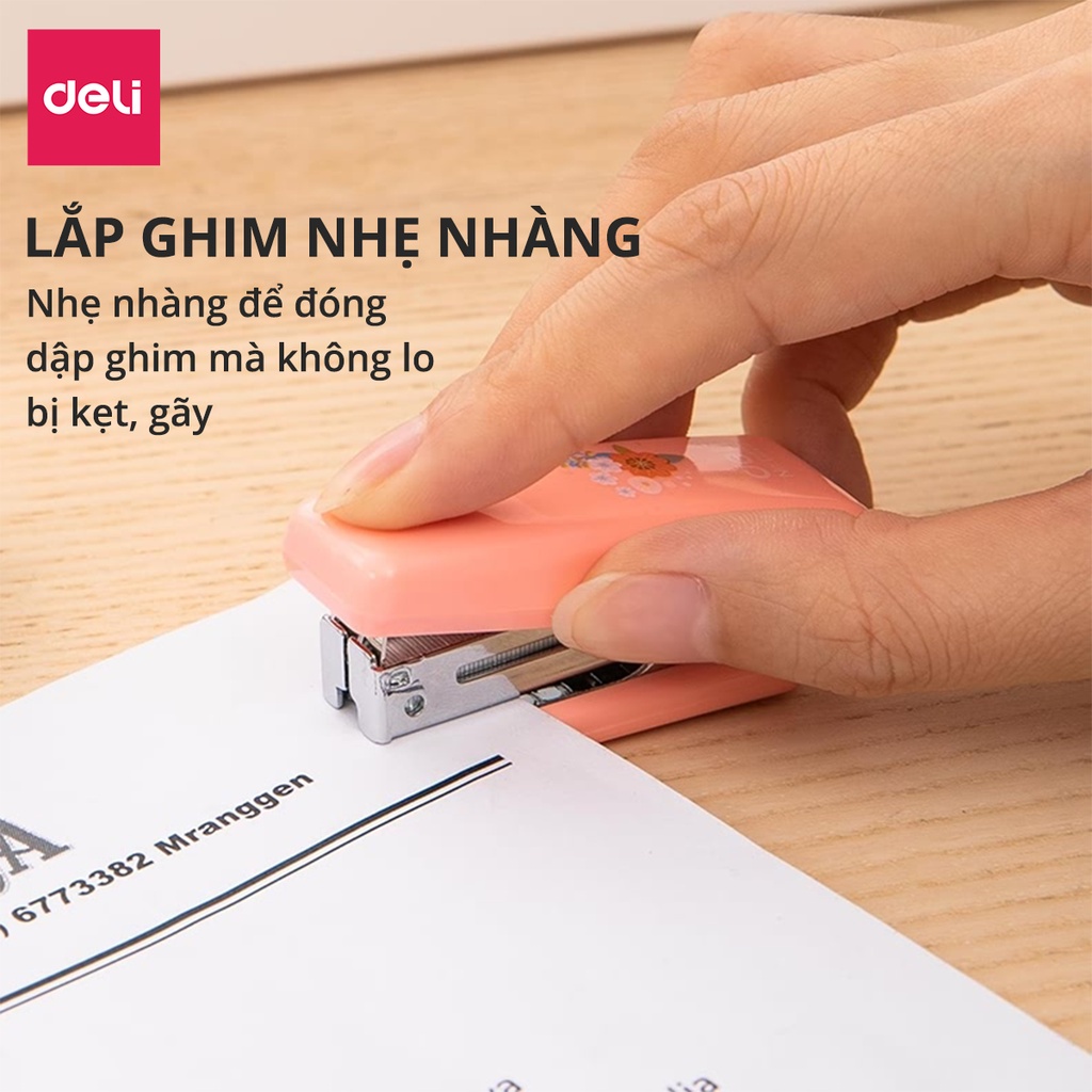 Dập ghim #10 Deli, Đính kèm 1000 chiếc ghim 12 trang, Xanh, vàng, trắng, hồng - 1 cái E0254