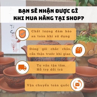 Ấm chén gốm tử sa đắp nổi khay lá