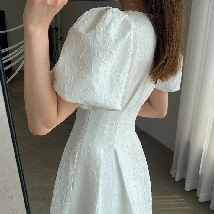 Váy Nữ Đầm Cổ Vuông Tay Phồng Thanh Lịch Tiểu Thư Màu Trắng Phong Cách Vintage Pháp