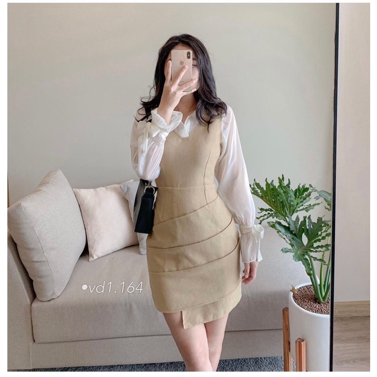 Đầm cổ sơ mi voan xếp li thân xéo