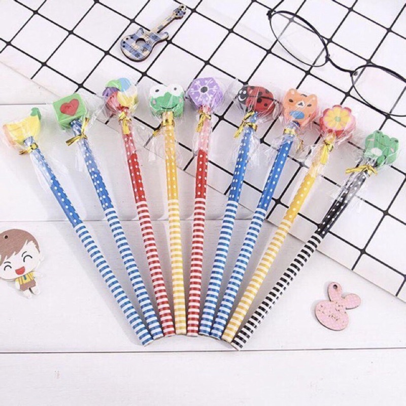 100 chiếc bút chì kèm gôm tẩy hình động vật dễ thương, bút chì cute cho học sinh