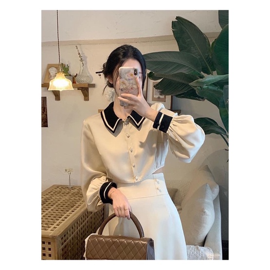 SET ÁO CROPTOP TAY DÀI CỔ SƠ MI ĐEN VIỀN + CHÂN VÁY MIDI ĐUÔI CÁ