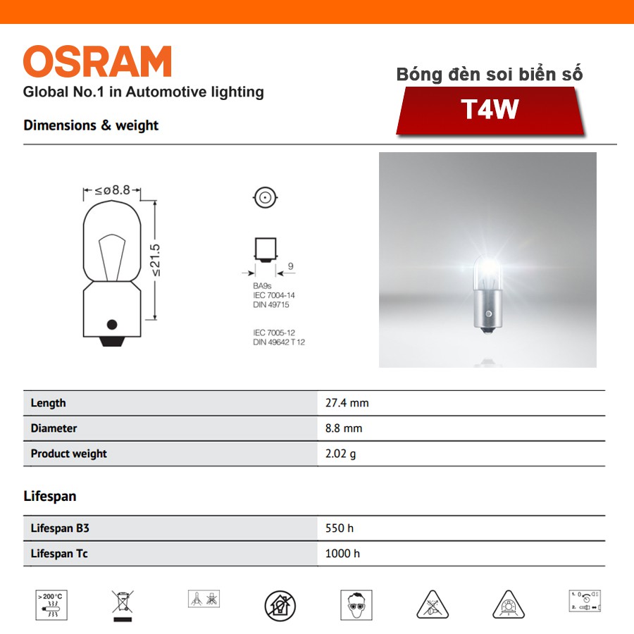 [Mã BMBAU50 giảm 10% đơn 99k] Combo 10 Bóng Đèn Soi Biển Số OSRAM Original T4W 24V 4W Nhập Khẩu Chính Hãng