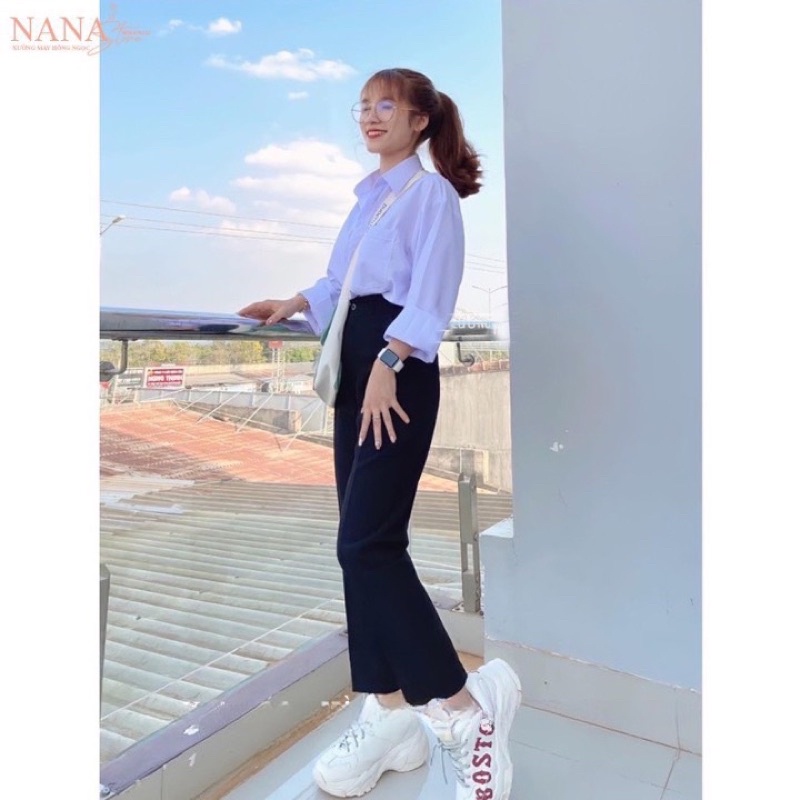 Áo Sơ Mi Nữ Đi Học Dài Tay Màu Trắng Xanh Form Rộng Cổ Bẻ V Trụ Túi Ngực Chất Cotton Mềm Mát