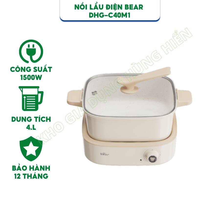 Nồi Lẩu Điện Đa Năng Tráng Men Chống Dính Công Suất 1500W BEAR DHG-C40M1-Hàng Chính Hãng